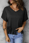 V-Neck Fringe Hem T-Shirt Black Women's T-Shirts - Tophatter Daily Deals