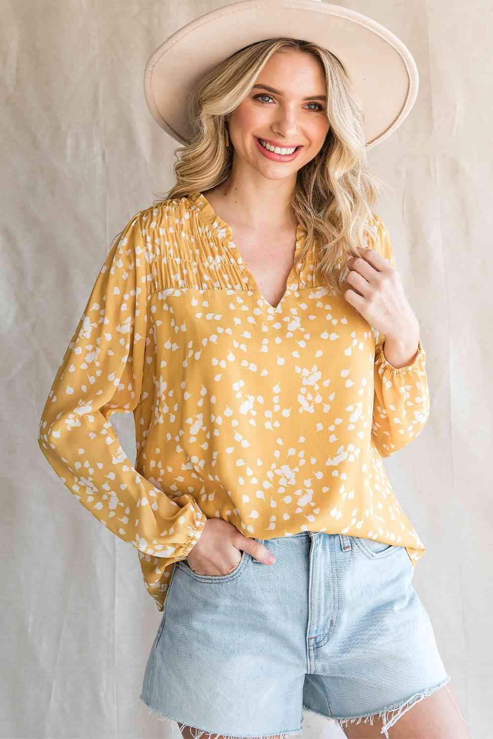 Double Take Printed Notched Neck Smocked Blouse Blouses - Tophatter Daily Deals