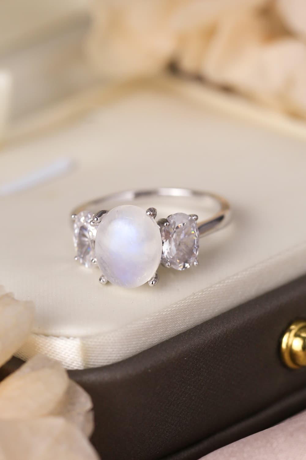 High Quality Natural Moonstone 925 Sterling Silver Three Stone Ring Moonstone - Tophatter Daily Deals