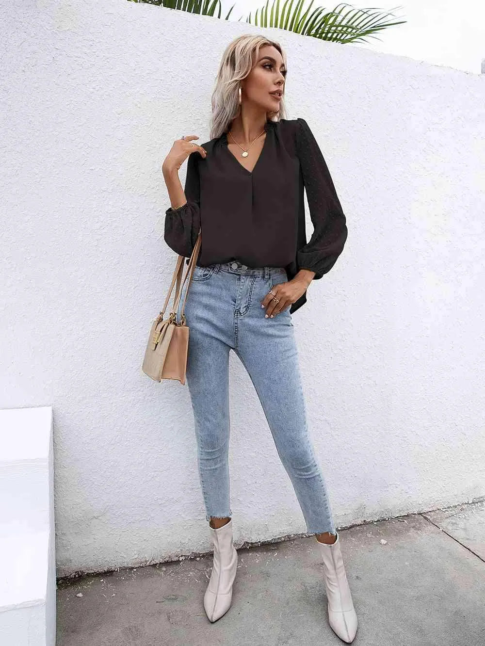 Swiss Dot Frill Trim Puff Sleeve Blouse Blouses - Tophatter Daily Deals