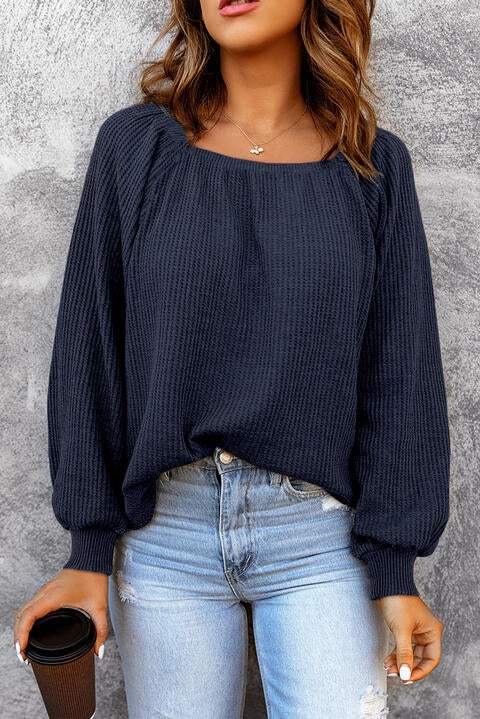 Square Neck Waffle-Knit Top French Blue Blouses - Tophatter Daily Deals