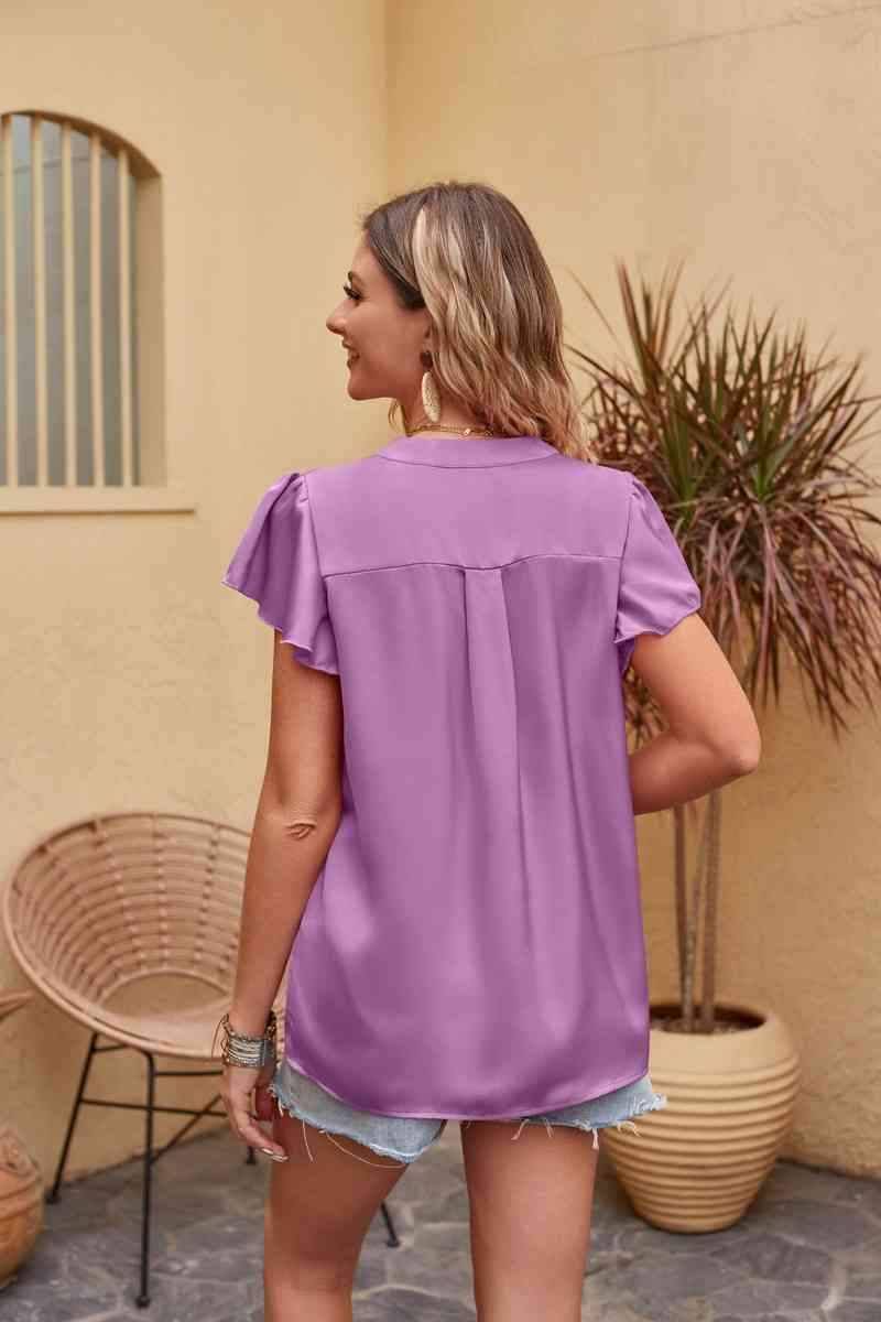 Flutter Sleeve Notched Neck Satin Blouse Blouses - Tophatter Daily Deals