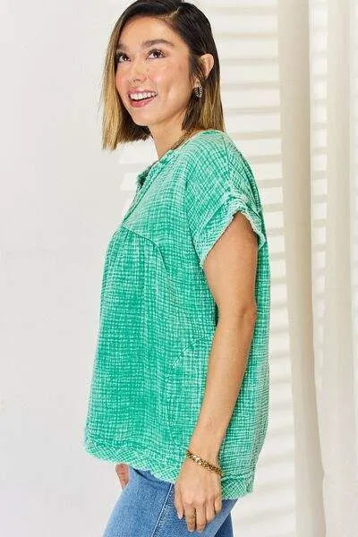 Zenana Washed Raw Hem Short Sleeve Blouse with Pockets Blouses - Tophatter Daily Deals