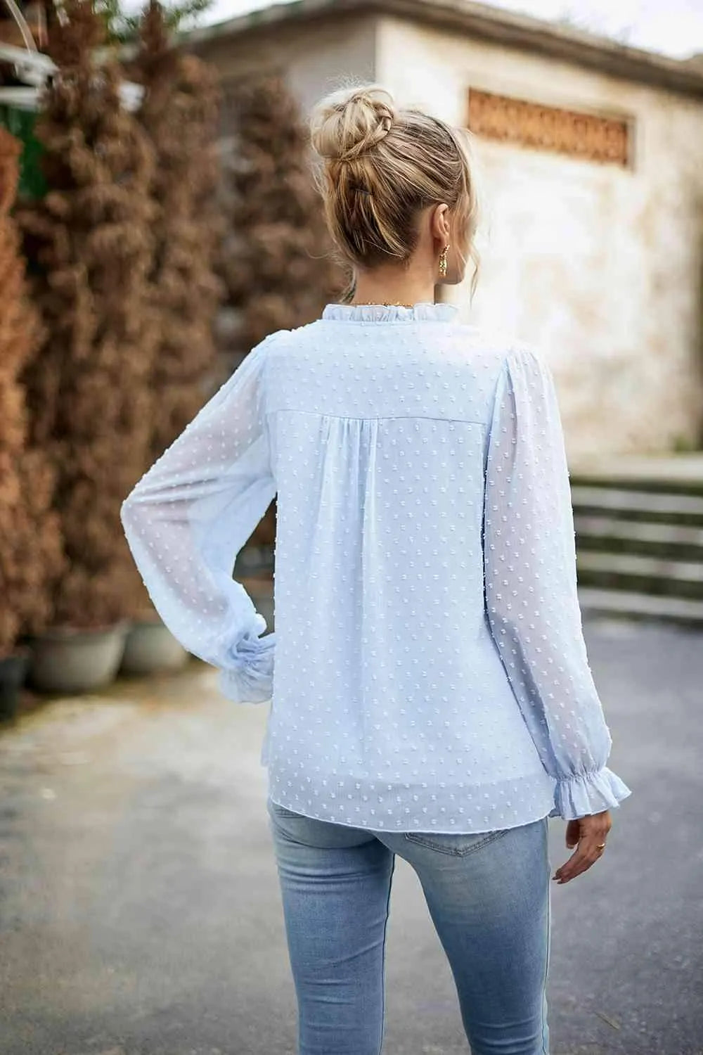 Swiss Dot Smocked Shoulder Blouse Blouses - Tophatter Daily Deals