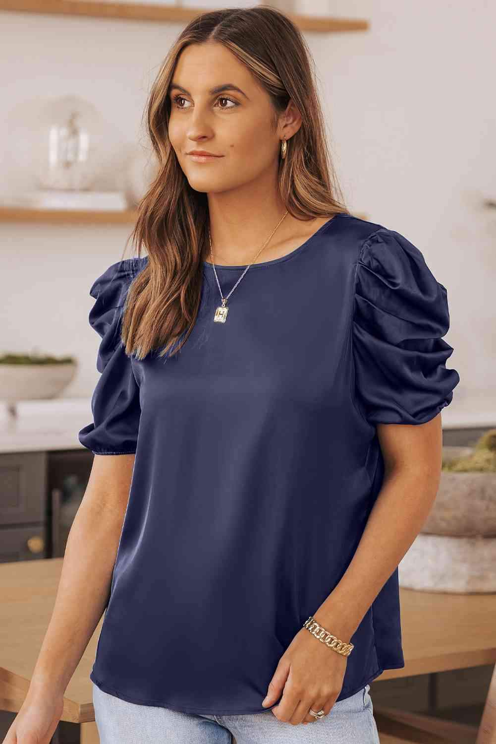 Puff Sleeve Round Neck Blouse Blouses - Tophatter Daily Deals