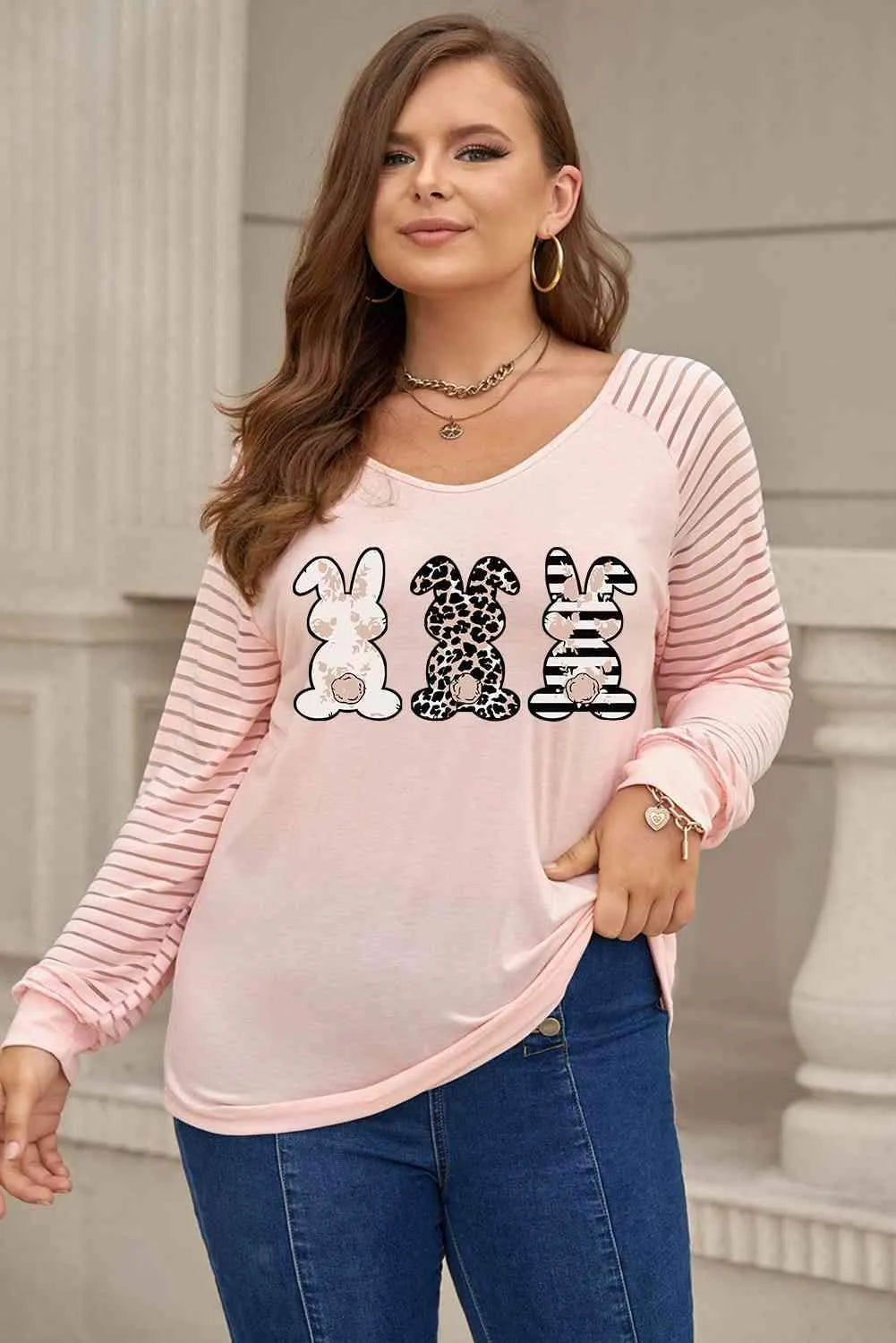 Plus Size Rabbit Graphic Long Raglan Sleeve Easter Tee Pink Women's T-Shirts - Tophatter Daily Deals