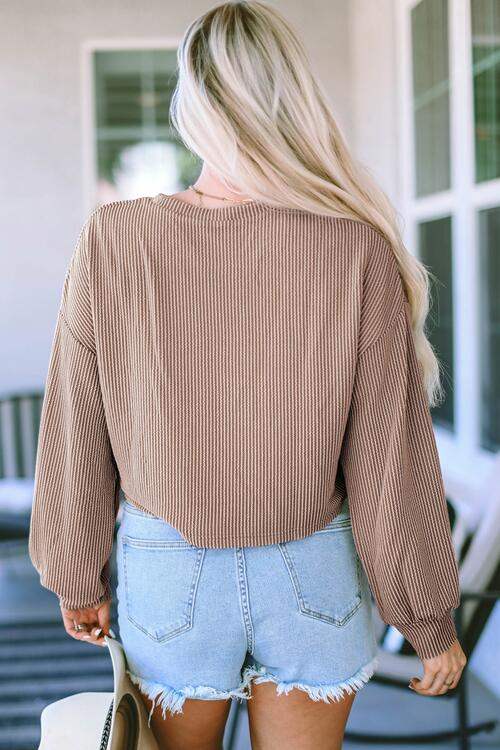 Round Neck Drop Shoulder Long Sleeve Top Blouses - Tophatter Daily Deals