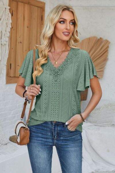 Eyelet Applique V-Neck Cap Sleeve T-Shirt Women's T-Shirts - Tophatter Daily Deals