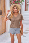 Ruched V-Neck Short Sleeve Tee Taupe Women's T-Shirts - Tophatter Daily Deals