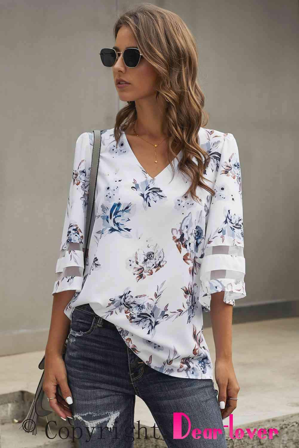 Printed Flare Sleeve Top Blouses - Tophatter Daily Deals