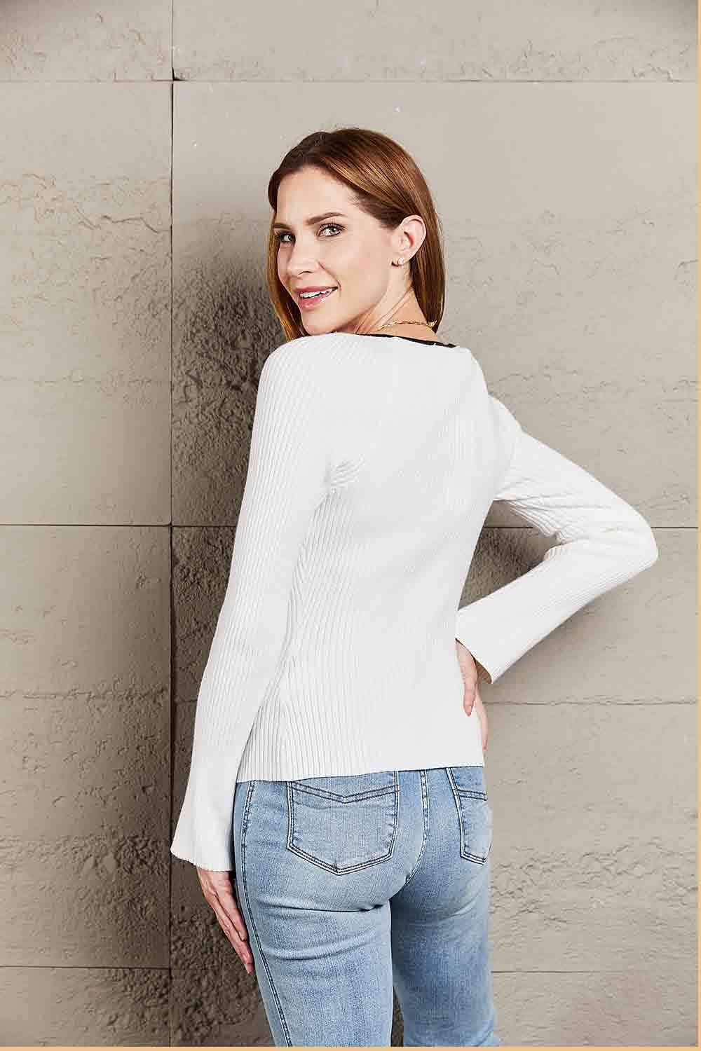 Double Take Contrast Sweetheart Neck Ribbed Top Blouses - Tophatter Daily Deals