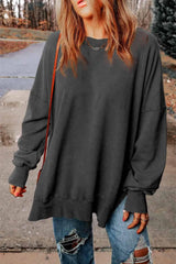 Dropped Shoulder Round Neck Long Sleeve Blouse Charcoal Blouses - Tophatter Daily Deals