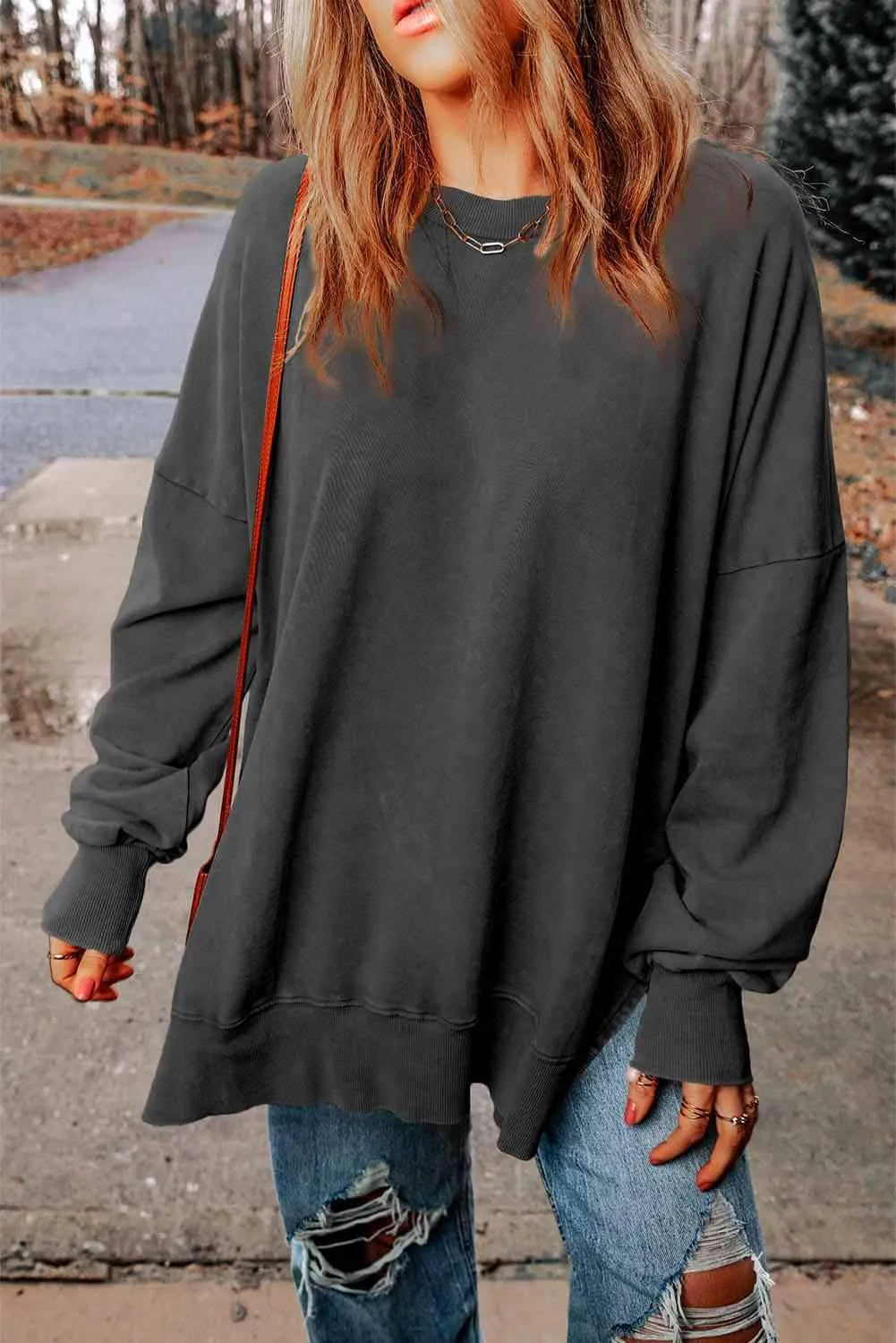 Dropped Shoulder Round Neck Long Sleeve Blouse Charcoal Blouses - Tophatter Daily Deals