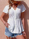 Button Front Eyelet Flutter Sleeve Tiered Blouse White Blouses - Tophatter Daily Deals