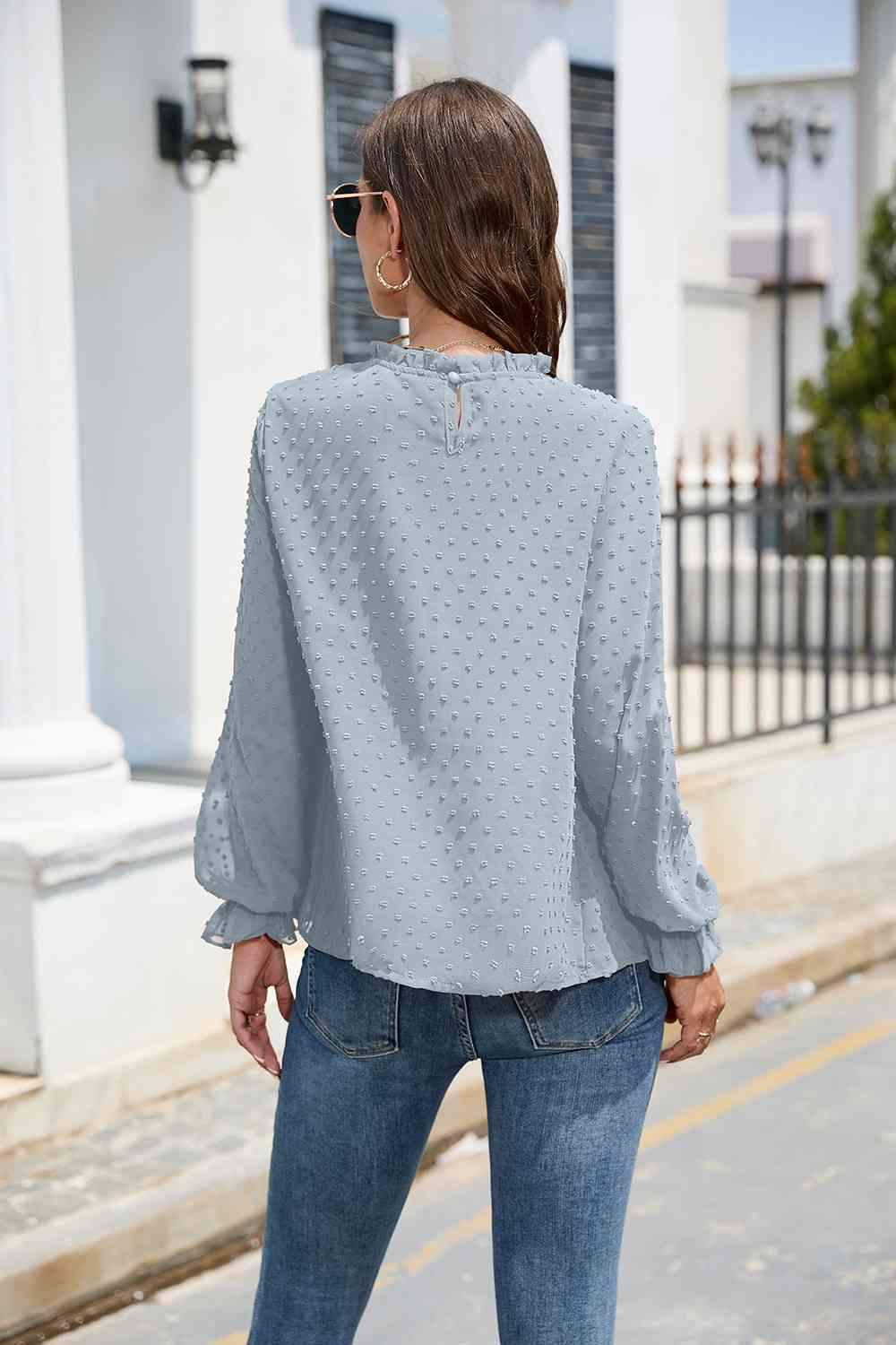 Smocked Mock Neck Swiss Dot Top Blouses - Tophatter Daily Deals