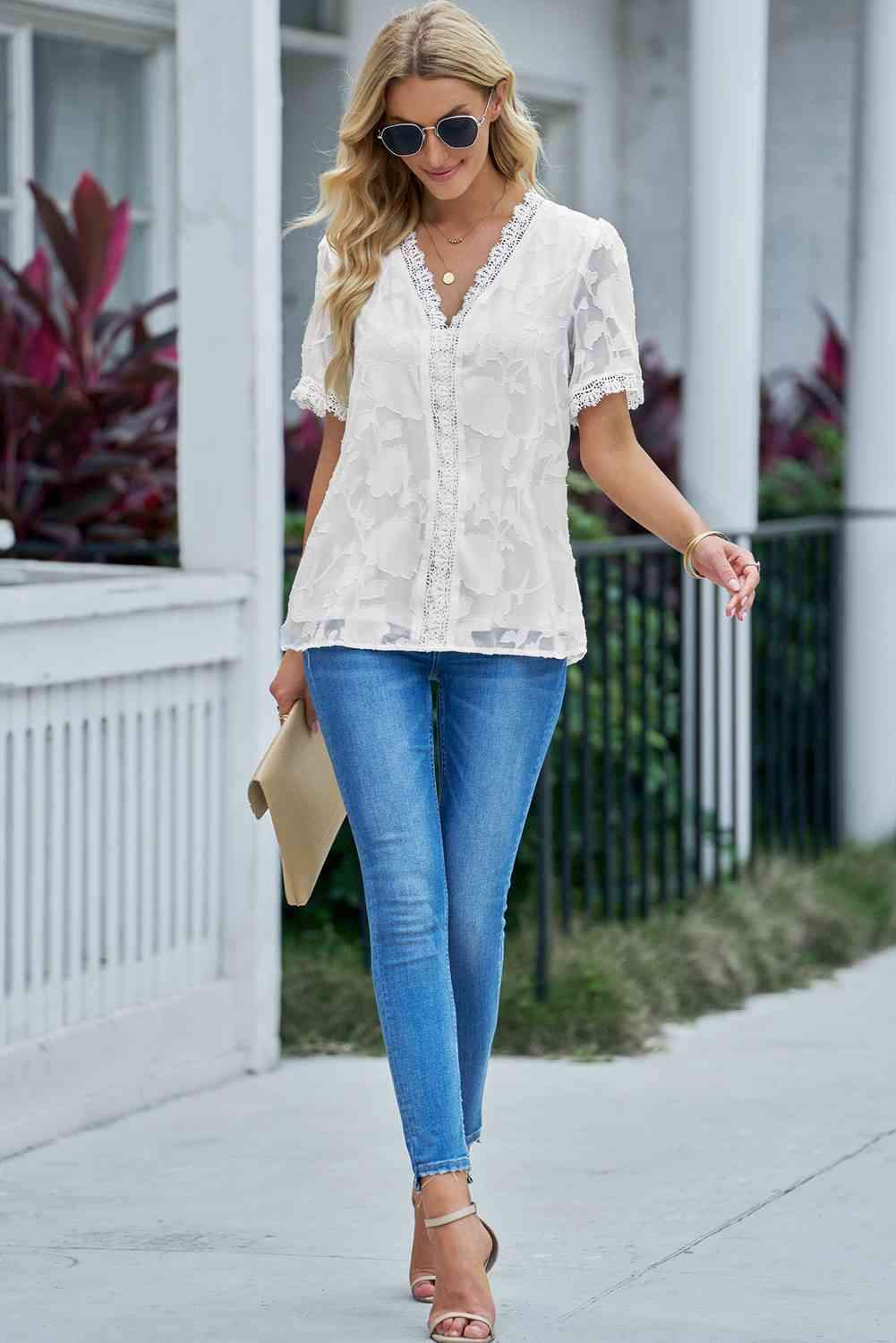 Applique Lace Trim V-Neck Blouse Blouses - Tophatter Daily Deals