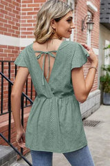 Tied Ruffled Round Neck Peplum T-Shirt Women's T-Shirts - Tophatter Daily Deals