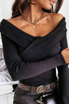 Ribbed Crisscross Long Sleeve Knit Top Black Women's T-Shirts - Tophatter Daily Deals