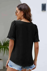 Frill Trim Puff Sleeve Square Neck Blouse Blouses - Tophatter Daily Deals