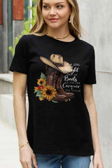 Simply Love Full Size Cowboy Hat & Boots Graphic Cotton Tee Black - Tophatter Daily Deals