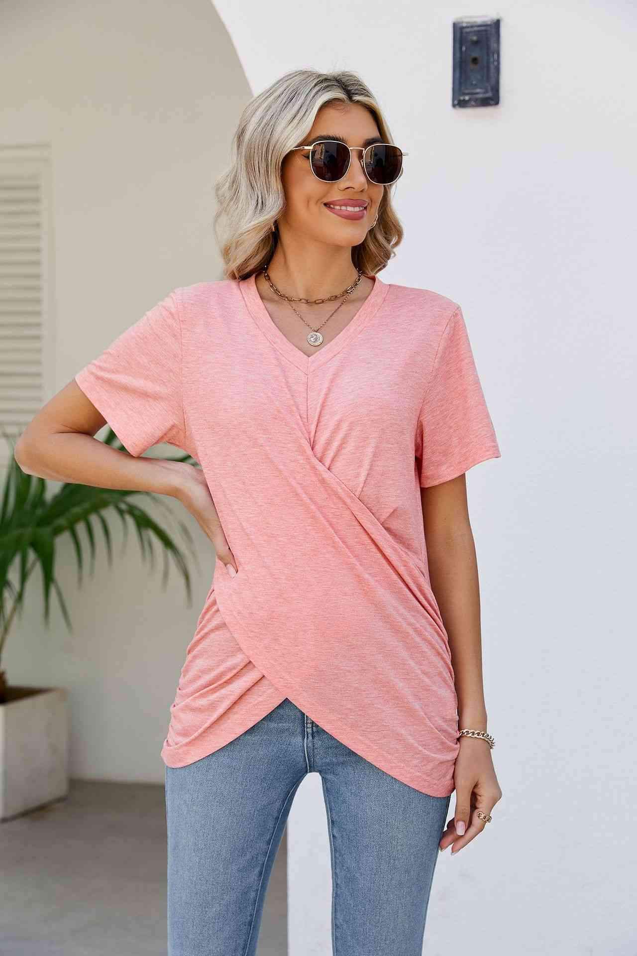 V-Neck Crisscross Short Sleeve Tee Women's T-Shirts - Tophatter Daily Deals