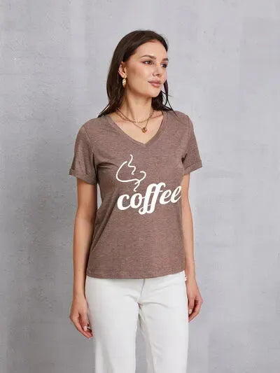 COFFEE V-Neck Short Sleeve T-Shirt Mocha Women's T-Shirts - Tophatter Daily Deals