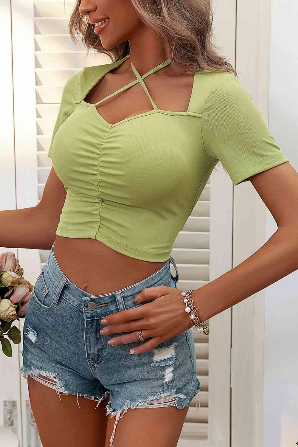 Halter Neck Ruched Short Sleeve Top Blouses - Tophatter Daily Deals