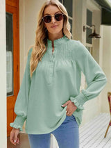 Notched Neck Button-UP Smocked Flounce Sleeve Blouse Gum Leaf Blouses - Tophatter Daily Deals
