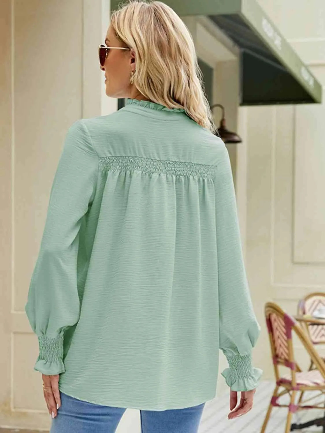 Notched Neck Button-UP Smocked Flounce Sleeve Blouse Blouses - Tophatter Daily Deals