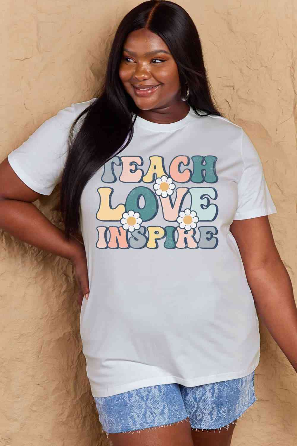 Simply Love Full Size TEACH LOVE INSPIRE Graphic Cotton T-Shirt Women's T-Shirts - Tophatter Daily Deals