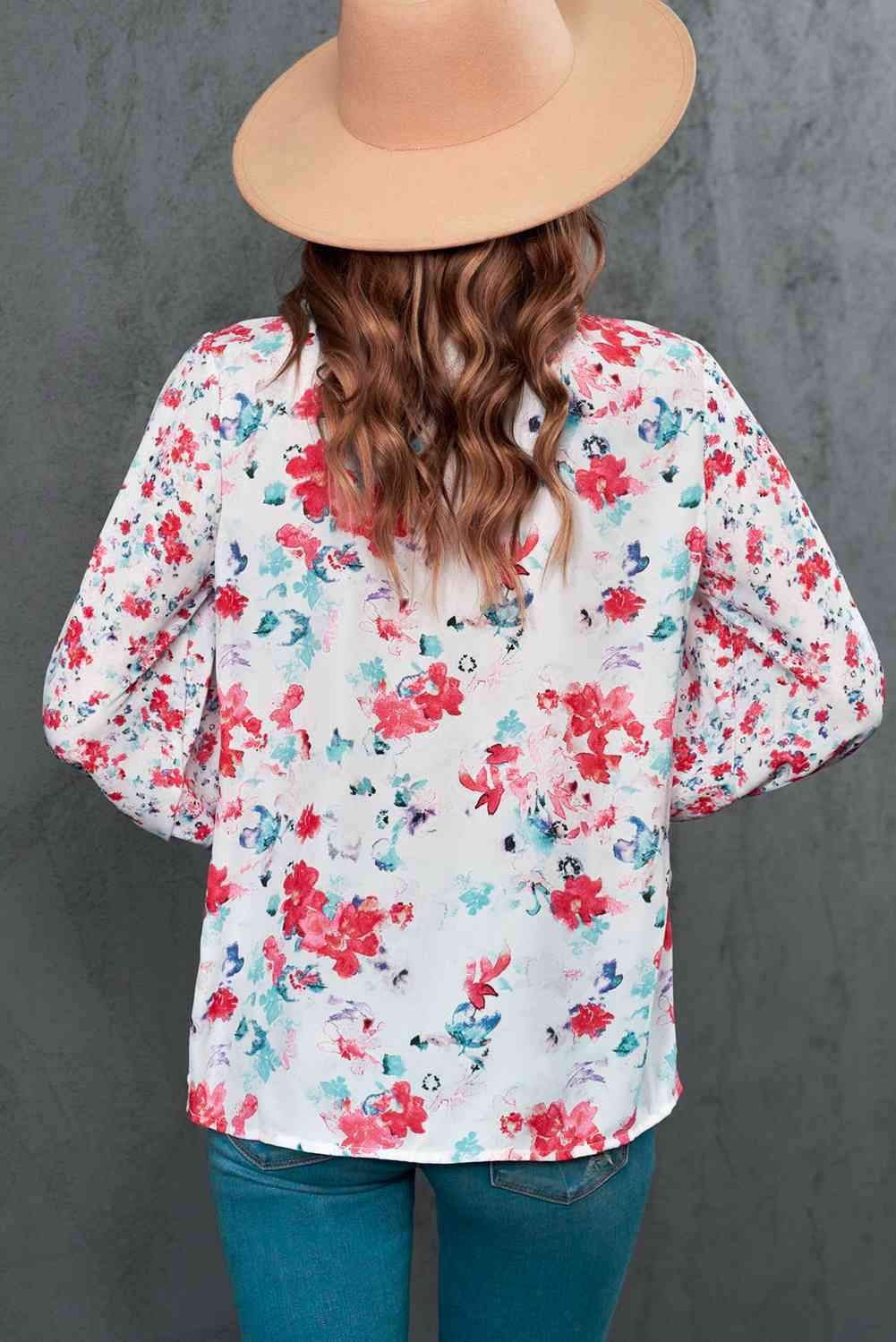 Floral Frill Trim Tie Neck Flounce Sleeve Blouse Blouses - Tophatter Daily Deals