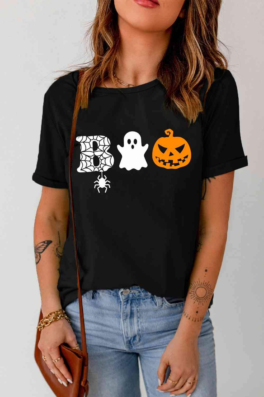 Round Neck Short Sleeve BOO Graphic T-Shirt Women's T-Shirts - Tophatter Daily Deals