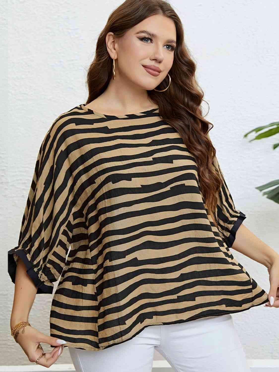 Plus Size Striped Three-Quarter Sleeve Boat Neck Top Blouses - Tophatter Daily Deals