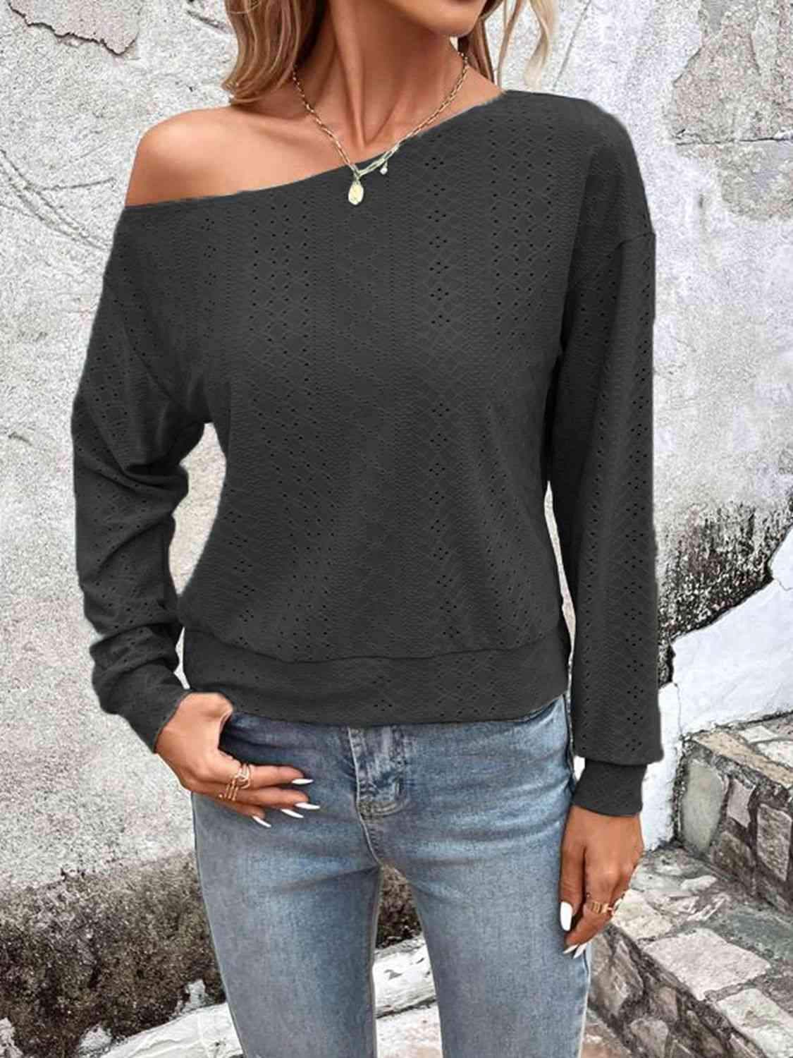 Eyelet Dropped Shoulder Blouse Black Blouses - Tophatter Daily Deals