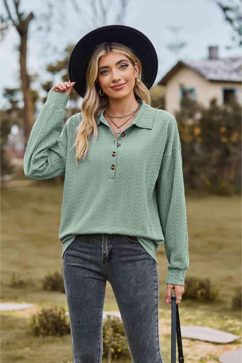 Collared Neck Long Sleeve Blouse Sage Blouses - Tophatter Daily Deals