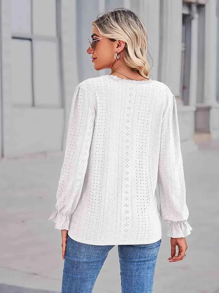 Eyelet V-Neck Flounce Sleeve Blouse Blouses - Tophatter Daily Deals