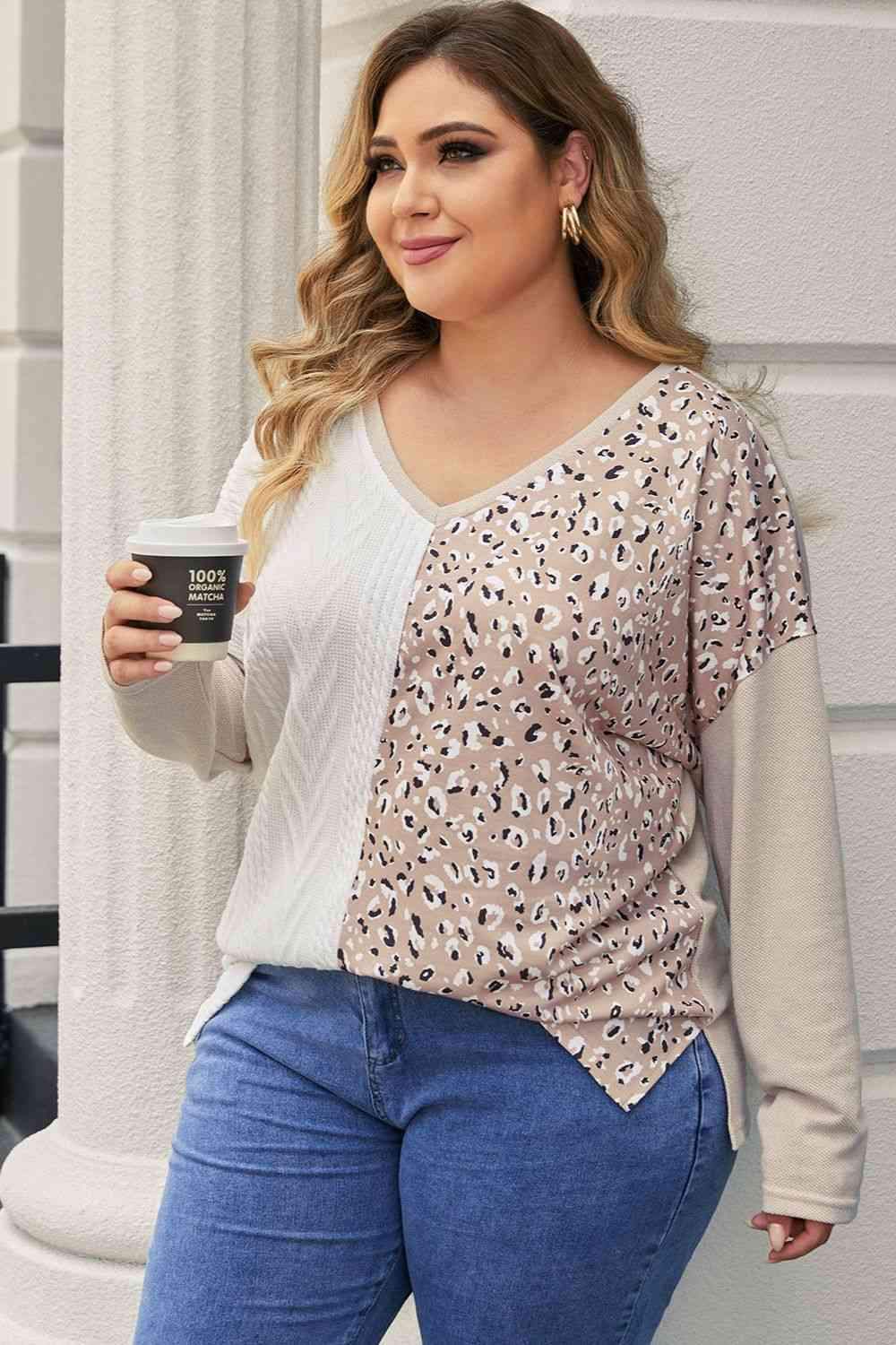 Plus Size Multicolor V-Neck Dropped Shoulder Sweater Blouses - Tophatter Daily Deals