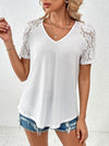 Lace Detail V-Neck Short Sleeve T-Shirt White Women's T-Shirts - Tophatter Daily Deals