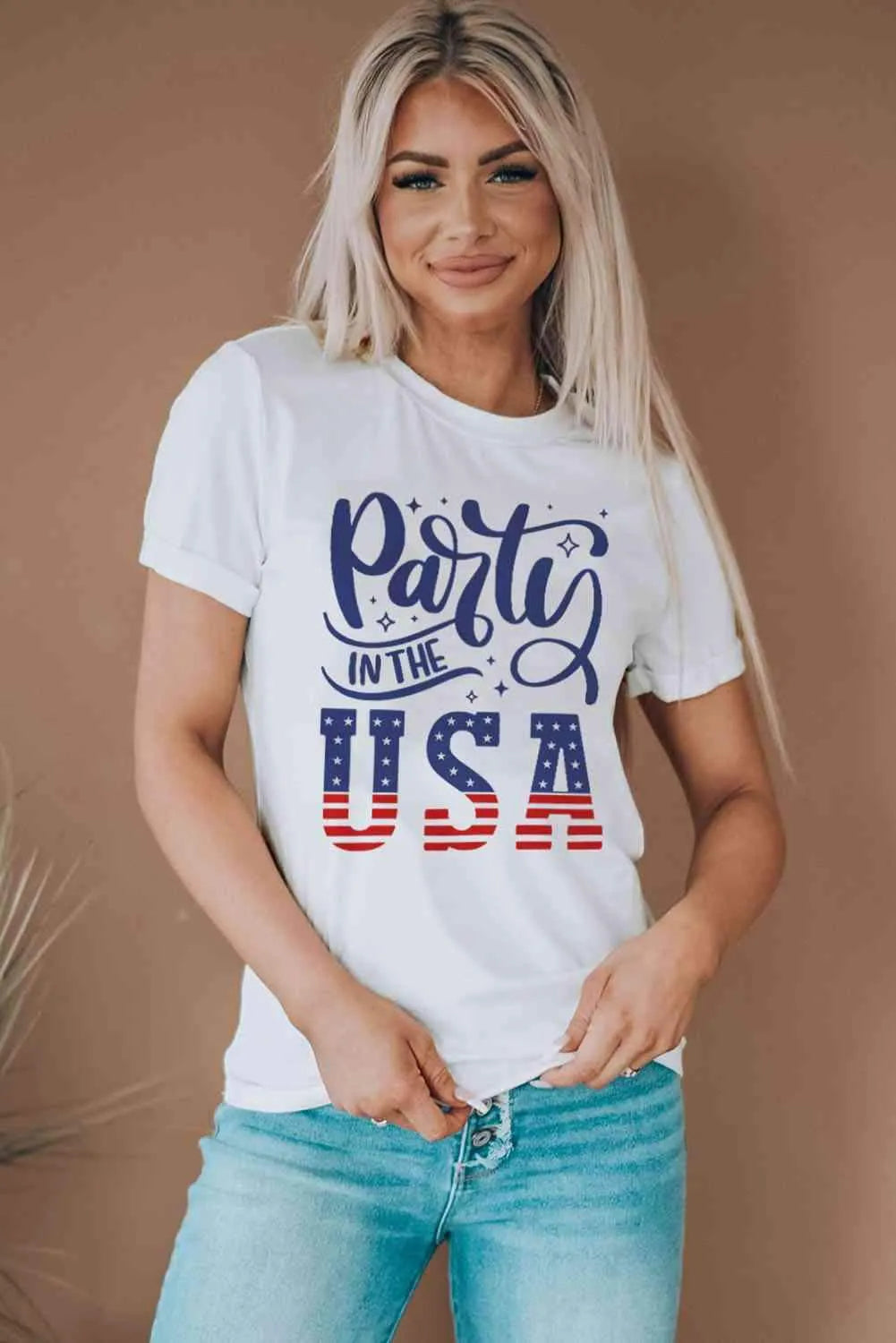 PARTY IN THE USA Round Neck Cuffed Tee Women's T-Shirts - Tophatter Daily Deals