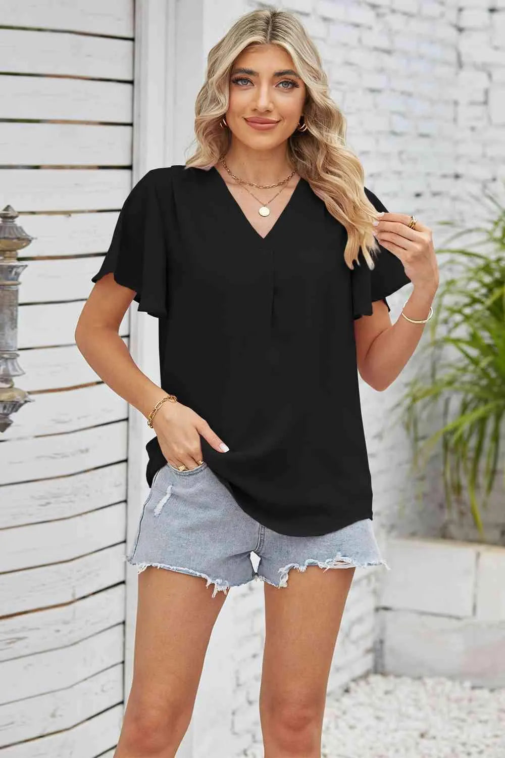 V-Neck Flutter Sleeve Blouse Blouses - Tophatter Daily Deals