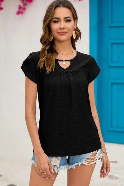 Eyelet Round Neck Short Sleeve T-Shirt Black Women's T-Shirts - Tophatter Daily Deals