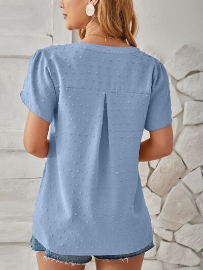 Swiss Dot Notched Petal Sleeve T-Shirt Women's T-Shirts - Tophatter Daily Deals