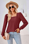 Square Neck Puff Sleeve Blouse Wine Blouses - Tophatter Daily Deals