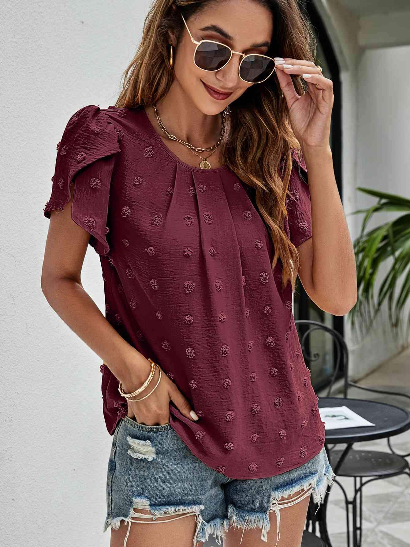 Swiss Dot Round Neck Petal Sleeve Top Blouses - Tophatter Daily Deals