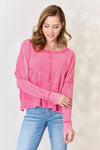 Zenana Washed Waffle-Knit Long Sleeve Top Fuchsia Blouses - Tophatter Daily Deals