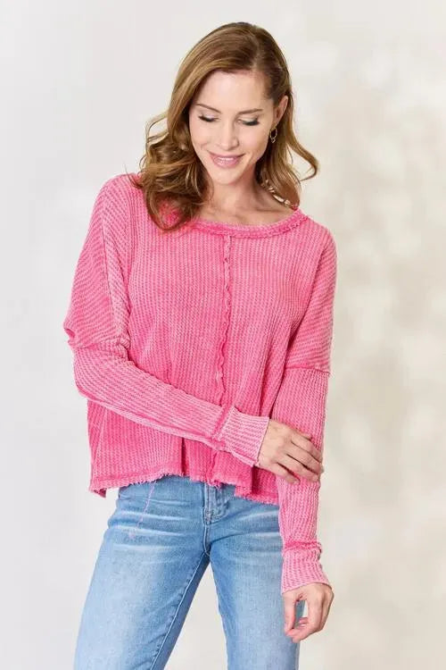 Zenana Washed Waffle-Knit Long Sleeve Top Fuchsia Blouses - Tophatter Daily Deals