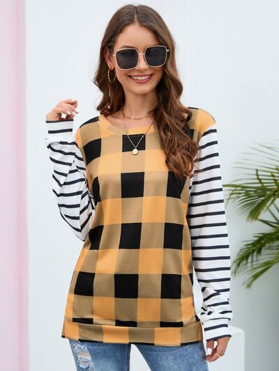 Plaid Striped Round Neck Long Sleeve T-Shirt Women's T-Shirts - Tophatter Daily Deals