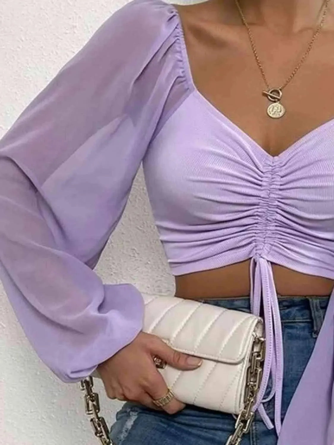 Drawstring Sweetheart Neck Cropped Top Blouses - Tophatter Daily Deals