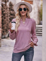 Double Take Eyelet Notched Neck Flounce Sleeve Blouse Blouses - Tophatter Daily Deals