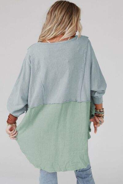 Contrast Texture Round Neck Long Sleeve Blouse Blouses - Tophatter Daily Deals